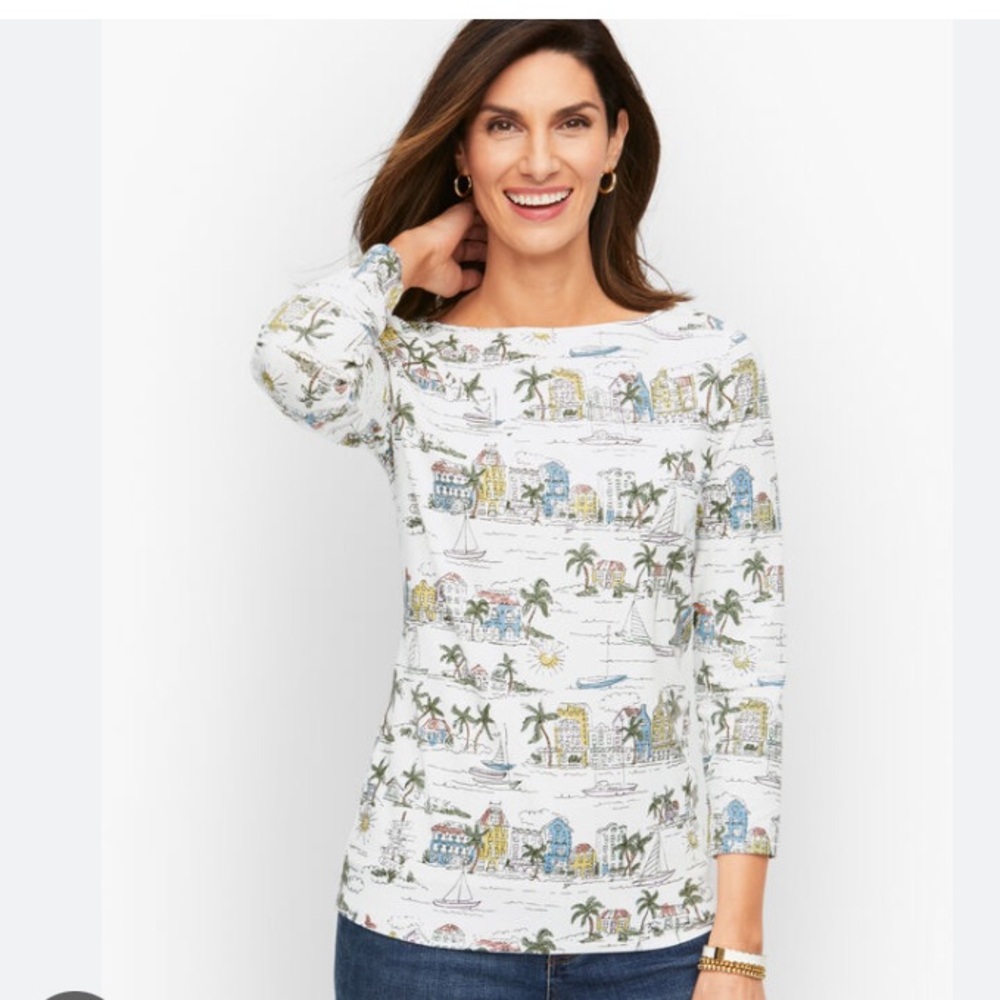 Talbots Petite Cotton Bateau Neck 3/4 Length Sleeve Tee in Scenic Curacao